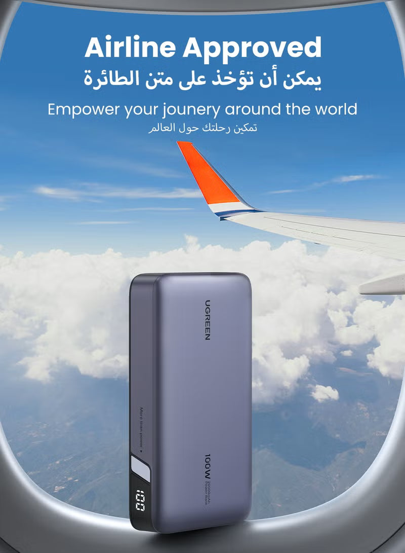 20000 mAh 100W Power Bank Fast Charging Portable Charger Laptop Charger Portable With 2 USB C And 1 USB A Port Battery Pack For Laptop MacBook Dell iPhone 16 15 Series Galaxy S24 S23 Ultra iPad AirPods - Grey